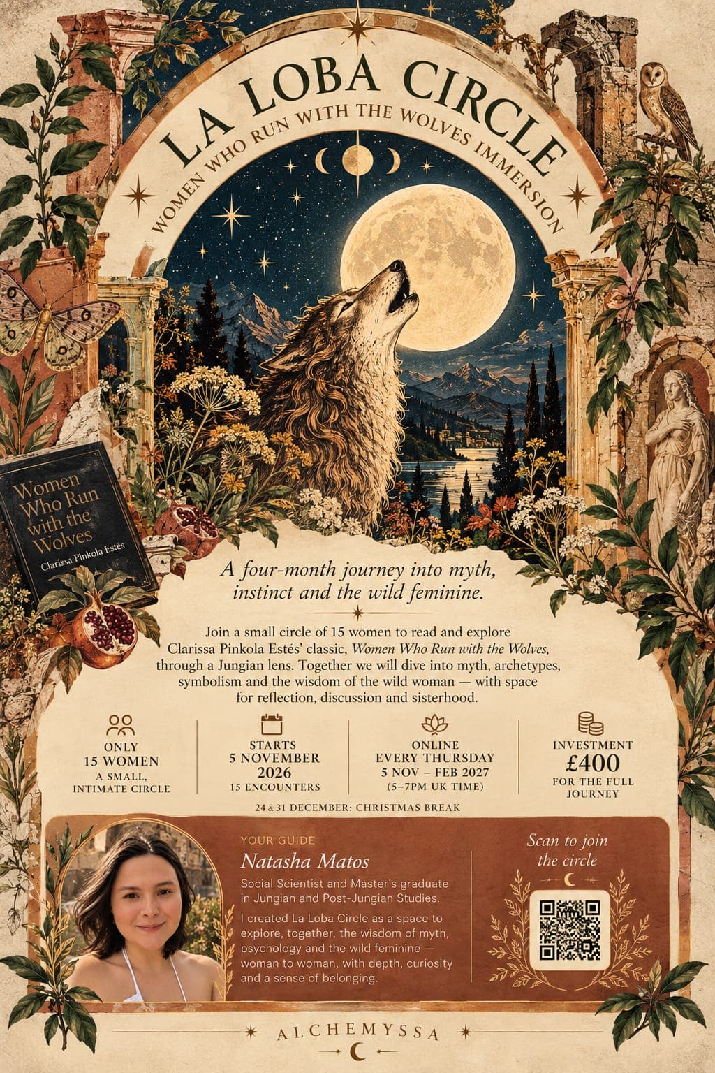 La Loba Circle invitation — a wolf howling beneath a full moon